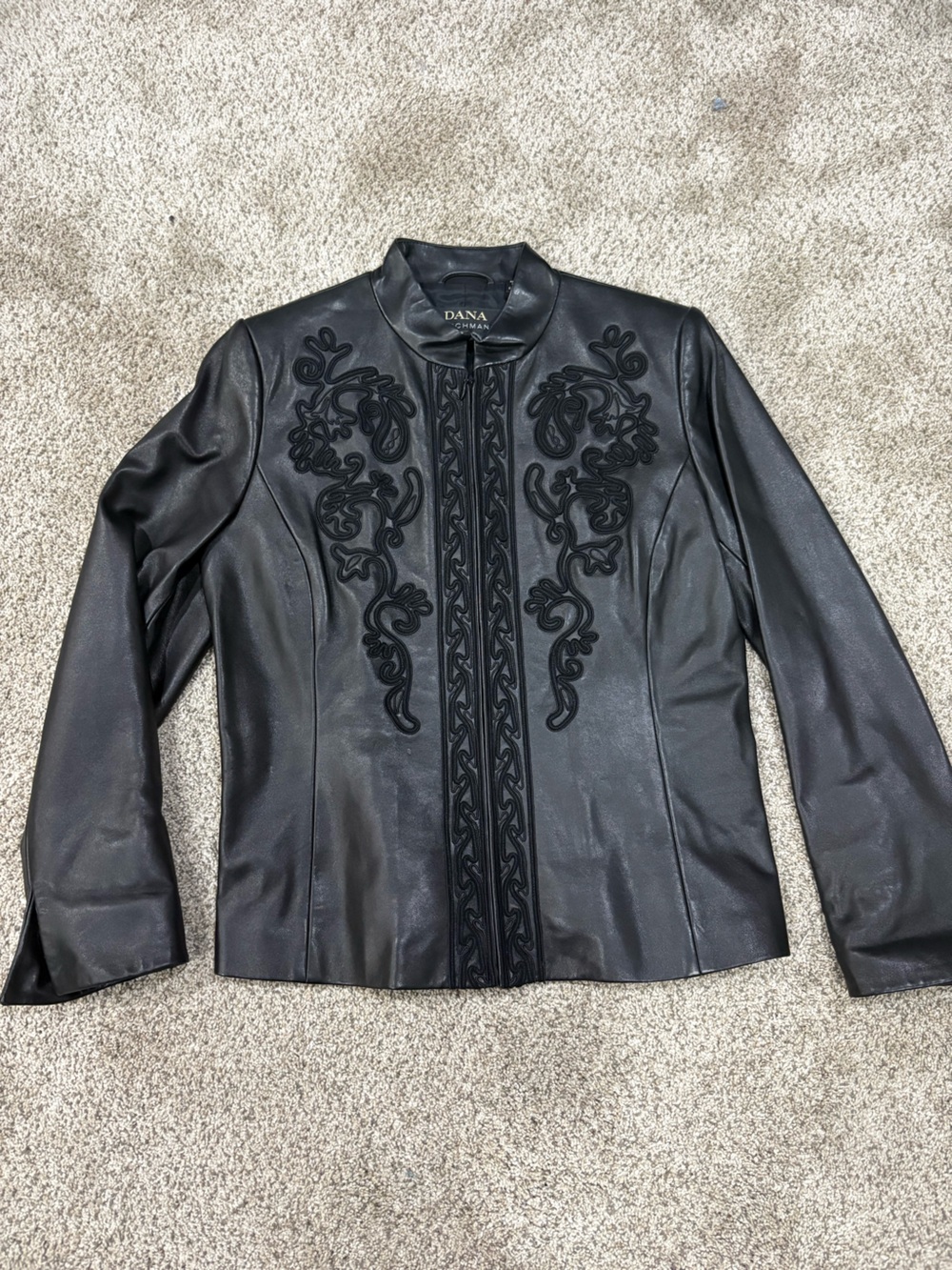 Dana Buchman Black 100% Leather Zip-Front Jacket Petite 8 Embroidered Appliqué